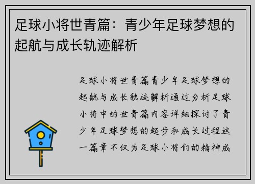 足球小将世青篇：青少年足球梦想的起航与成长轨迹解析